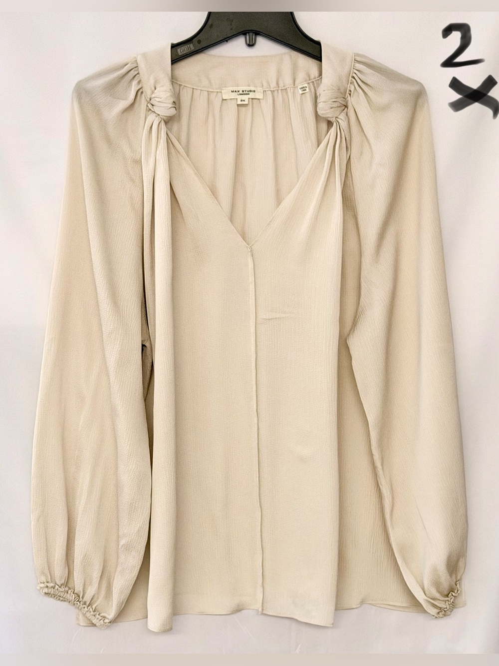 Max Studio Light Cream V-Neck Blouse with Knotted Shoulder Ties